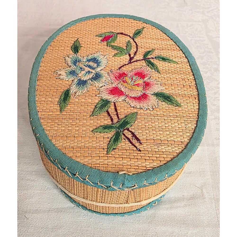 Vintage Embroidery Bamboo Keepsake Storage Box Oval 3" Tall 5" Wide Blue Florals